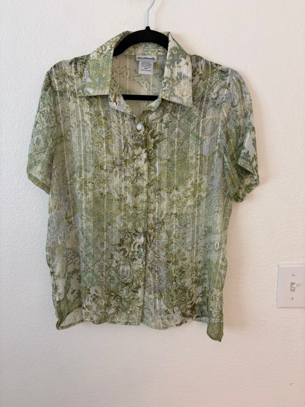 Vintage Gently Worn Bon Worth SZ XSP Green Paisley Blouse
